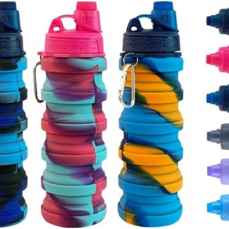 Collapsible Water Bottles 3 pack Travel Water Bottle Portable Hiking Water Bottle with Leak proof Twist Cap 500ML Reusable BPA Free Silicone Water Bottles with Carabiner. (Colorful)