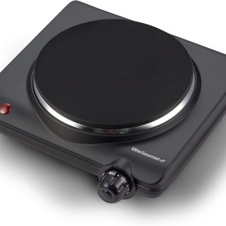 Elite Gourmet ESB-301BF Countertop Single Cast Iron Burner, 1000 Watts Electric Hot Plate, Temperature Controls, Power Indicator Lights, Easy to Clean, Black